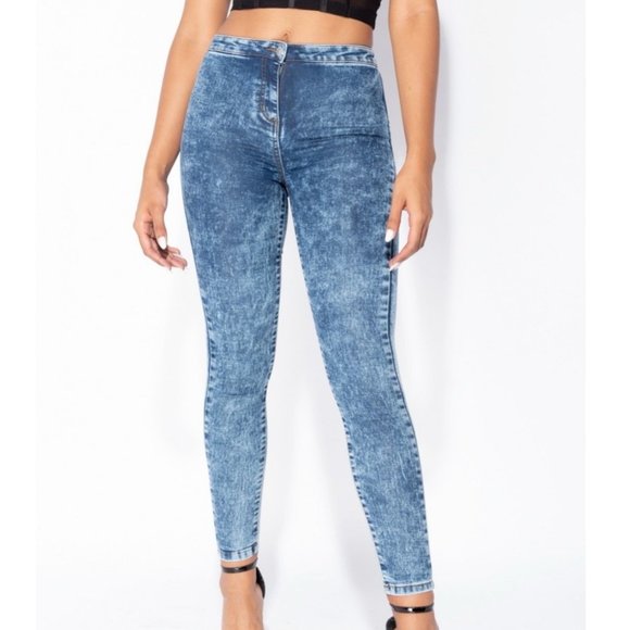 Blue Acid Wash High Waist Skinny Denim Jeggings Pants - Picture 4 of 10